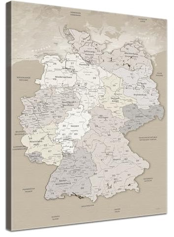 LANA KK - Premium Pinnwand Deutschlandkarte - Beige - Deutsch - in 80 x 120 cm, stabile Rückwand zum Pinnen inkl. Starterkit - Leinwand-Kunstdruck Wandbild Landkarte XXL