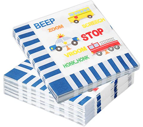 60Stück Servietten mit Automotiven, Papierservietten Paper Napkins Wegwerfservietten Bedruckte Papiertaschentücher Fahrzeug Thema Partyzubehör für Junge Geburtstag und Babypartys Deko, Blau