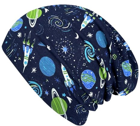 Wollhuhn ÖKO Jungen/Mädchen Bequeme Weiche Long Beanie/Mütze/Beanie-Mütze/Strickmütze/Kindermütze Jersey Gefüttert Übergangszeiten (Öko-Stoffe/Bio) (LB Space/Rakete Dunkelblau, M)