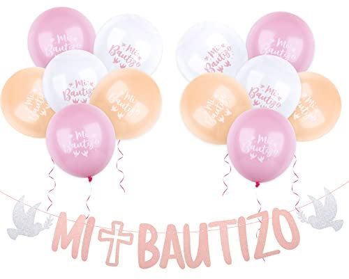 13pcs Decoración Mi Bautizo Guirnalda Rosa Globos de Bautizo Pancarta Mi Bautizo Globo Rosa Blanco Adorno Decorativos para Fiesta de Bautizo de Niña Infantil Fiesta Bautismo