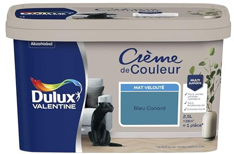 Dulux Valentine Crème de Couleur - Peinture multi-supports intérieure - Mat Bleu Canard 2,5 L