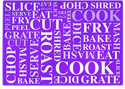 Acense Tempered Glass Worktop Saver, Toughened Glass, Smooth Edges, Rounded Corners, Chopping Board, Non-Slip Rubber Feet, Multi-Purpose, Stain-Resistant 40 x 30 cm (Purple with White Writing)