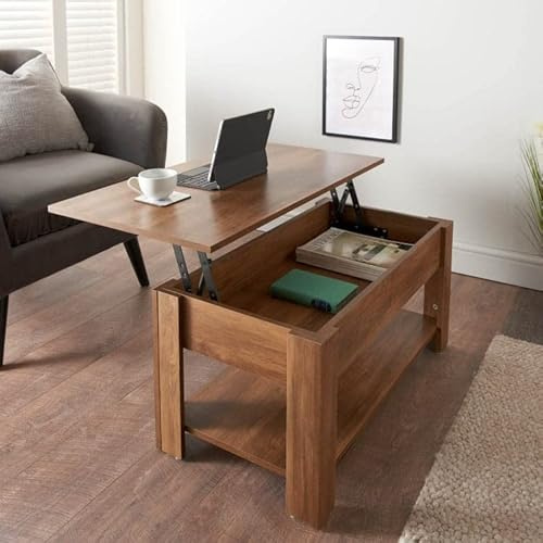 Bloomingtons Direct Lift Top Coffee Table with Storage and Pop-up Adjustable Oak Finish Shelf for Living Room