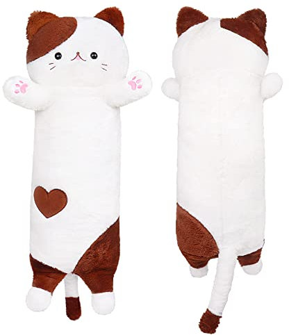 Katze Kuscheltier Plüschtier Lange Katze Plüsch Kissen, Kawaii Stofftier Süße Katze Kissen Großes Plüschtier Kissen Katze Plüsch Spielzeug für Kinder Freundin, Geburtstag Weihnachten(Braun, 80cm)