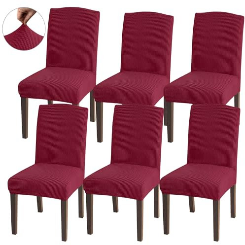 Granbest Hohe Dehnung Stuhlhussen, Universelle Passform Jacquard Esszimmerstühle Bezüge, Abnehmbare Stuhl Protektors für Esszimmer, Küche, Restaurant und Hotel (Set von 6, Weinrot)