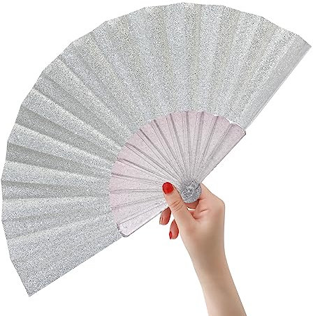 HeyToo 9inch Glitter Women Handheld Fan with Shining Transparent Fan Rib for Wedding,Church,Festival,Dance,Party Prom,Club,EDM Accessory Silver