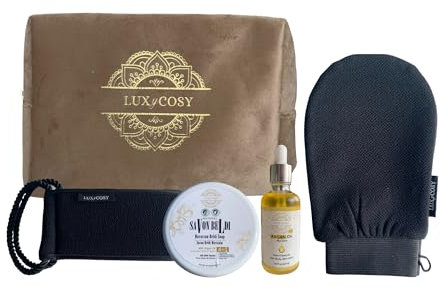 Coffret soins voyage savon noir huile d’argan hydratation cheveux visage gant et gratte dos kessa exfoliant corps Trousse de toilette beige bien etre idee cadeau original femme 4 pieces