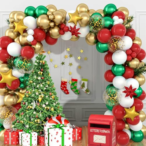 Kit Arco di Palloncini Natalizi, Ghirlanda Natalizia Da 163 Pezzi con Palloncini Verdi, Rossi, Bianchi e Oro, Palloncini a Stella in Alluminio Dorati, Ghirlanda di Palloncini per Decorazioni Natalizie