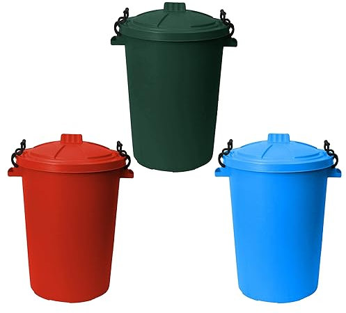 TENLITE Set of 3 - Heavy Duty Plastic Clip Lock Lid Bin Indoor or Outdoor Rubbish, Trash Can, Dustbin Waste or Storage of Animal Feed, Colourful Bins - Made in U.K. (Dark Green, Red & Sky Blue)