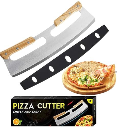 Cortador Pizza, Cuchillo Para Pizza de Acero Inox Corta pizza de Medialuna con Mango de Madera para Pizza Pastel y Pan Apto para Hogar y Cocina