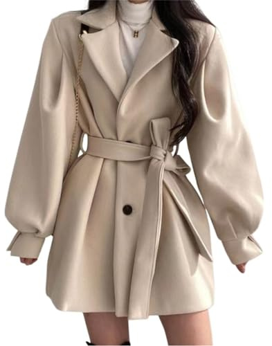 Onsoyours Wollmantel Damen Wolljacke Trenchcoat Elegant Langarm Revers Übergangsjacke Einfarbige Lässig Winter Mantel Outwear Windjacke Freizeitmantel mit Gürtel A Aprikose S
