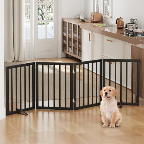 Dog Gates for Doorways, Foldable Dog Gate Indoor, Freestanding Pet Gates for Doorways Bedroom, Puppy Gate with Metal Support Feet, Room Divider 4 Panels (Black)