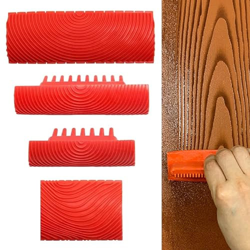 thirei Strumento Venatura del Legno, 4 Pezzi Strumento Texture Legno Grano, per Decorazioni Murali fai da te, Rosso