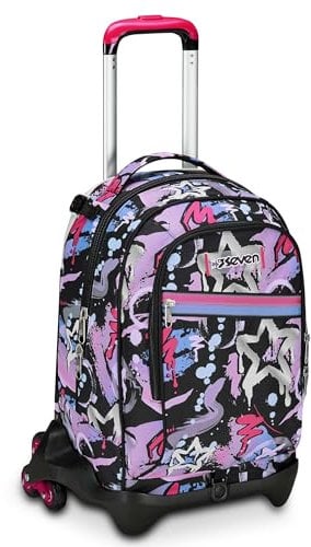 Seven Trolley Scuola Jack 3 Ruote, Nero Fucsia, Mark On Girl, 3 in 1, Triplo Uso, Zaino Con Carrello Sganciabile, Tasca Porta Borraccia e Crossover System, Zaino Scuola Viaggio, Bambina Ragazza