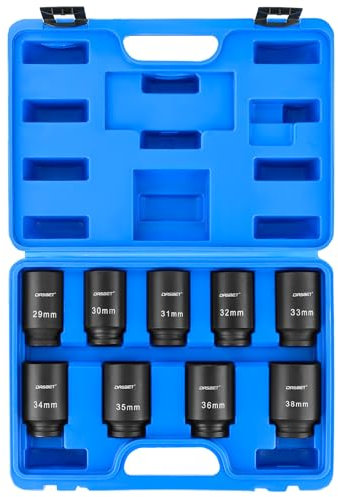DASBET 1/2 Drive Deep Impact Socket Set 9PCS Axle Nut Impact Socket Set 6 Point 29-38mm Drive Metric Axle Hub Nut Socket Set