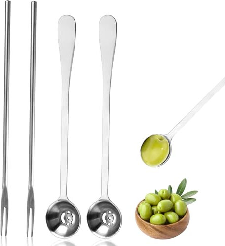 Sadoia 4 Stück 21,6 cm Gurkengabel und Olivenlöffel mit Abflussloch, Sieb, Edelstahl, langer Griff, Servierutensilien mit scharfer Spitze, Lebensmittelpicker für das Glas, Gurke, Rucola, Kaper, ZX072
