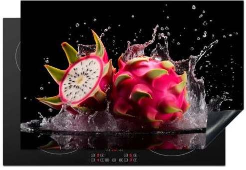KitchenYeah© Protection Pour Plaque Induction Decoration Cuisine Protégé | 78x52 cm - Cache De Cuisson Vitroceramique Fruit du dragon - Noir - Eau - Fruit