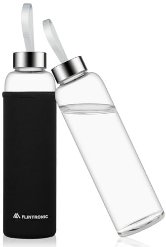flintronic Glass Water Bottle, 550ml Borosilicate Water Bottle for Hot Cold Drinks, Leak Proof Glass Bottle with Protective Sleeves, Drink Bottle for Home Travel Sport (BPA-Free)