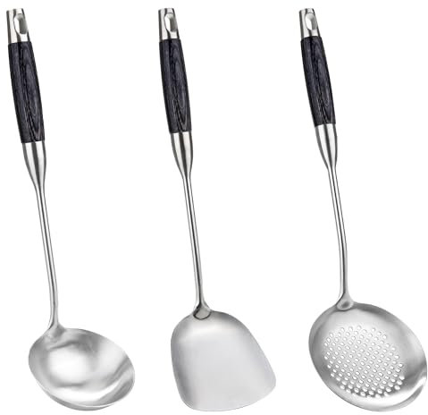 FJNATINH Lot de 3 spatules pour wok - Louche et cuillère à mousse - 36-39 cm - Passe au lave-vaisselle