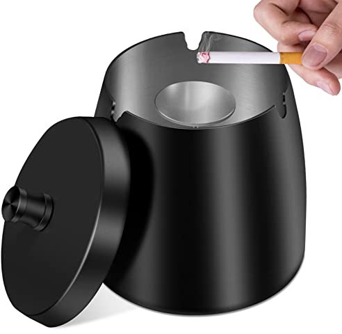 Aschenbecher, Aschenbecher mit Deckel (12×10×12cm), Edelstahl Aschenbecher für Draussen, Sturmaschenbecher als Windaschenbecher, Standaschenbecher mit Rutschfest Boden für Draußen und Innen (Schwarz)