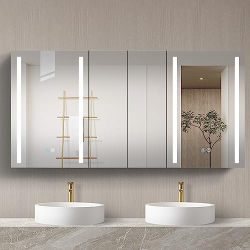 Generisch Badezimmerschrank,60x30 Zoll LED-Medizinschrank für Badezimmer, Aufputzmontage, Doppeltür, beleuchteter Medizinschrank, für Badezimmer mit Spiegelbeschlag, Dimmer, Schwarz