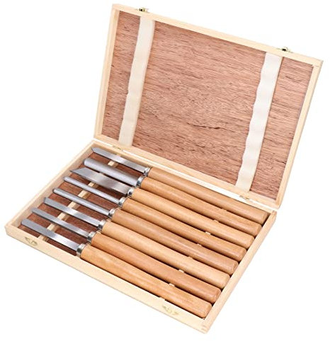 8 Pcs Lathe Turning Tool Set 65 Manganese Steel Head Beech Handle Woodworking Chisel Kit with Storage Box,High Hardness HRC58‑6, Beech Handle,for Woodworking Projects