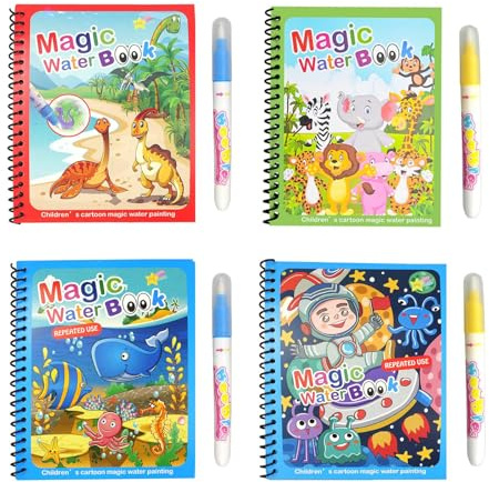 Semazz Water Wassermalbuch,4 PCS Kinder Wasser Magie Malbuch mit Wasserstifte Wasser Zeichenbuch Zaubermalbuch Wiederverwendbare Einhorn Buchstaben Wasser Malbuch für Kleinkind 3 4 5 6 Geschenke A