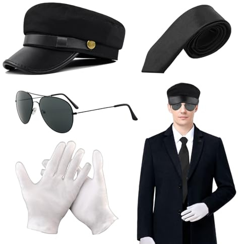 FUIPVGI Chauffeur-Kostüm, Zubehör, Fahrerkostüm, schwarzer Hut, Sonnenbrille, Krawatte, Handschuhe, 1980er-Jahre, Limousine, Taxifahrer, Verkleidung für Erwachsene, Cosplay, 4 Stück