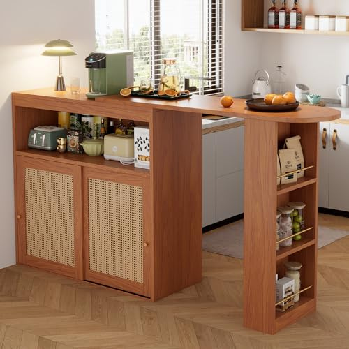 Merax Ausziehbarer Bartisch, Bar Tisch Esstisch mit Rattangeflecht-Tür, Verstellbare Ablagen, Zweifacher Stauraum, Ideal für Hausbar, Kücheninsel oder Esszimmer, Größe: 138-193x39x105 cm, Braun
