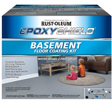 Rust-Oleum 391282 EpoxyShield Basement Floor Coating Kit, Gallon, Gray Satin