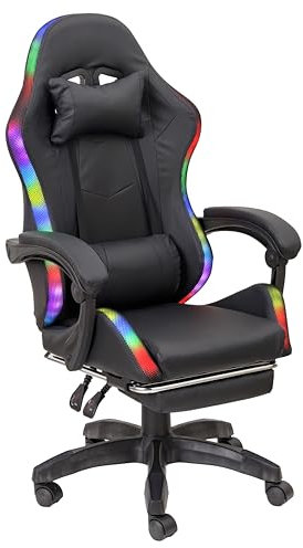 Baroni Home Silla Gaming Ergonómica con Almohadilla Lumbar, Luces LED Regulables y Reposapiés Extraíble, Silla de Oficina con Respaldo Inclinable y Altura Ajustable, Negra, 68x66x125-133 cm