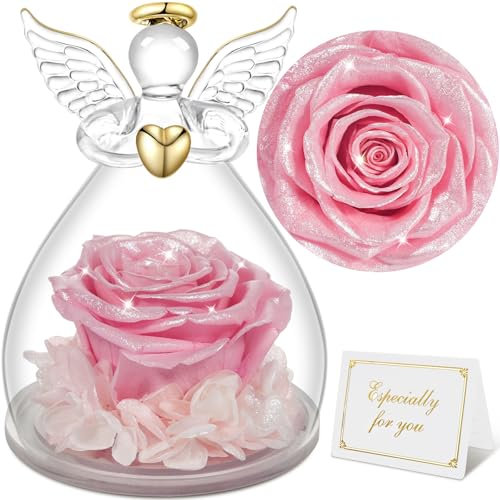 Sunia Rosa Eterna Regalo Donna, Rosa Stabilizzata con Figurine Angelo Regalo Mamma, Angelo Custode Regalo Donna Compleanno, Regali per Lei, Regalo Mamma Nonna Natale San Valentino Festa della Mamma