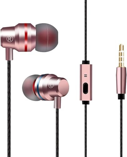 Earphones 3.5mm Aux Jack Wired In-Ear Headphones with Microphone, Strong Bass Soft Earbuds Tips Plug In Noise Cancelling Stereo Wired Earphones Compatible with I-Phone Samsung Android (Rose Gold)