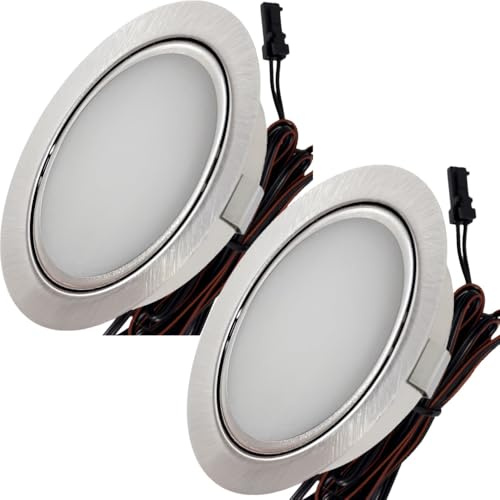 Lichtfaktor24 2x 3W LED Möbeleinbauleuchte Milena 12V Einbauspot Einbaustrahler Edelstahl gebürstet warmweiß 3000K Milchglas Bohrloch 55-60 mm Ø65 mm