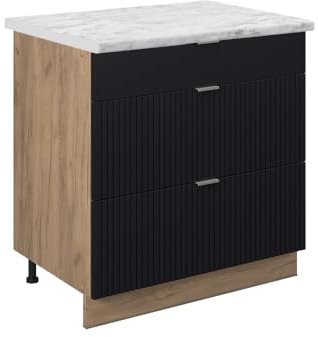 Vicco Küchenunterschrank Fame-Line, Schwarz gestreift, 80 cm mit 3 Schubladen, AP Marmor