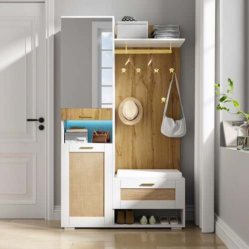 Merax Garderoben-Set, Flurgarderobe mit Spiegel und Schuhbank, Kleiderschrank-Set mit LED-Beleuchtung, 5 goldenen Kleiderhaken/Schuhschrank/Wandgarderobe/Oberem Stauraumfach, Weiß+Holz