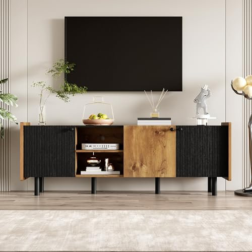 BTM Meuble TV en Bois, Meuble Télé 160 cm avec 3 Portes et 2 Compartiment, Meuble TV Industriel pour Salon, Chambre à Coucher, Charge de 40kg, 160x40x58 cm, Noir et Bois Naturel