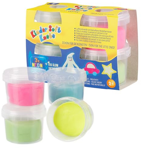 Feuchtmann Kinder Soft KNETE Mini Hyper - 4 x 80g weiche Kinderknete, ungiftig, vegan und glutenfrei, lufttrocknende Neon und Glow-in-The-Dark Knetmasse im Knetset (ab 2 Jahren)