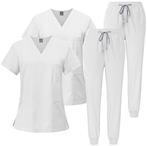Meichoon Set di 2 divise da lavoro medico con scollo a V, a maniche corte, con 3 tasche, pantaloni elasticizzati, asciugatura rapida e assorbimento del sudore, DK05