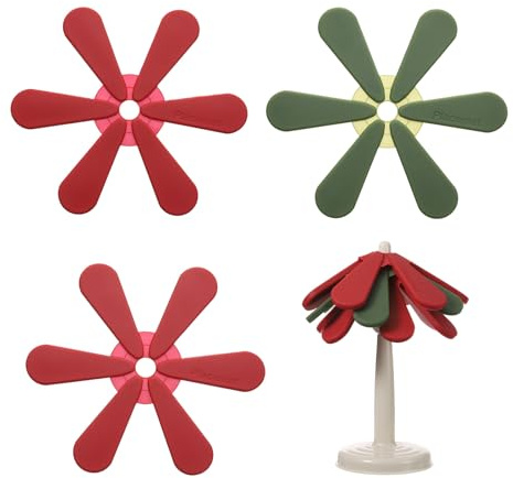 sourcing map 3Pcs Silicone Trivet Mat for Hot Dishes, Tree Shaped Trivet Set Heat Resistant for Hot Pots, Bowl, and Teapots (Red/Green/Light Red)