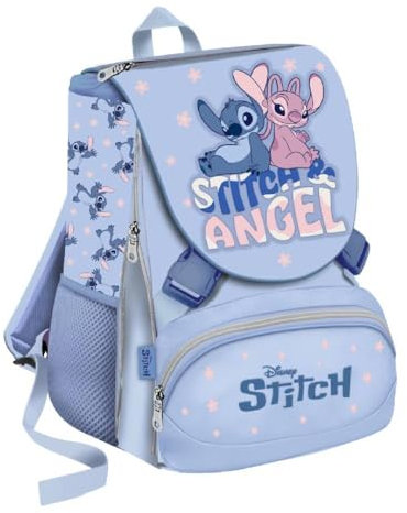 VARZI Mochila escolar extensible Stitch y Angel para niña con múltiples bolsillos y correas ajustables, práctica y versátil 1956, azul claro, Small