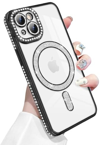 Newseego für iPhone 13 Hülle Kompatibel mit MagSafe, Schwarz | Glitzer, Magnetische, Bling Diamanten, Weiche TPU, Transparente Handyhülle, Stoßfest Schutzhülle, Vollständig Kameraschutz
