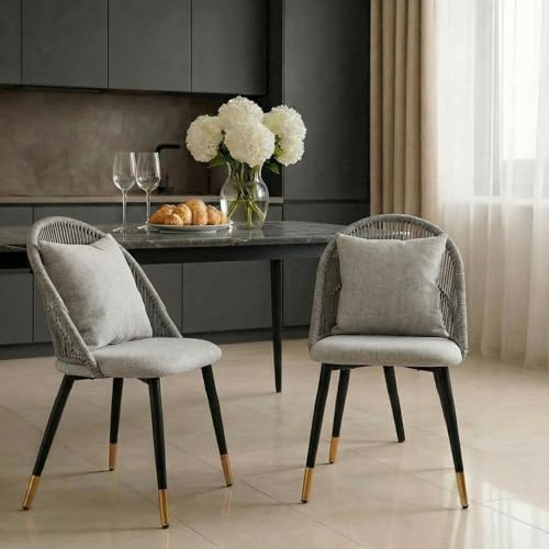 CLIPOP Esszimmerstühle 2er Set, Küchenstuhl aus Rattan, Metall Beine, Hellgrau Leinen Fabric, Esszimmer Stühle mit gepolsterte Sitz, bis 150 kg belastbar, Rattanstuhl für Wohnzimmer Esszimmer