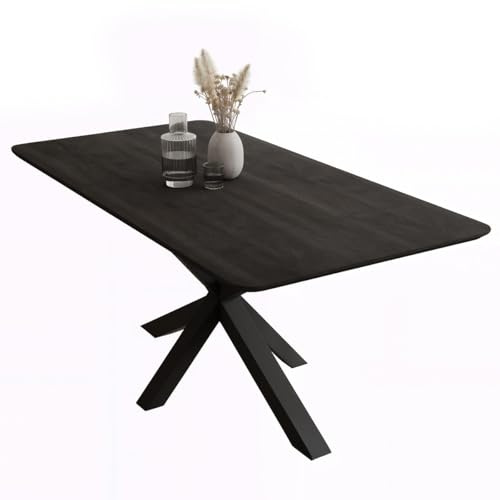 Liadomo Esstisch 180x90 Gubio schwarz, Schweizer Kante, Akazie Massivholz Tisch, 26 mm Tischplatte sandgestrahlt, Robust & Pflegeleicht, Unikat, Spider-Gestell Metall schwarz