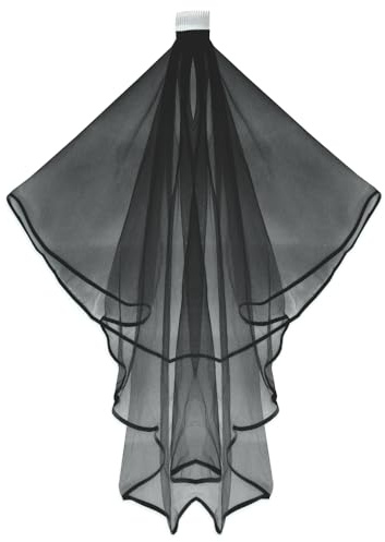 AEYURUID Schleier Braut, Schwarzer Schleier mit Kamm für Halloween & Cosplay - Spitzen Brautschleier für Hexen Kostüm, JGA und Hochzeit Zubehör