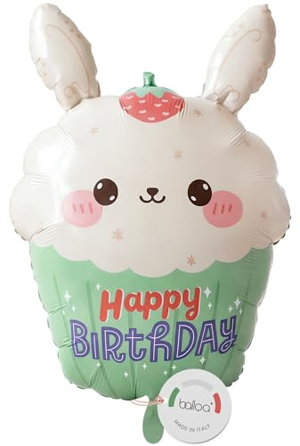 balloa Folienballon Cupcake Hase Happy Birthday, XXL Partydeko, 59 cm | Cupcake-Design mit Hasengesicht und Erdbeere, XXL, heliumgeeignet, ungefüllt, niedliche Deko für Kindergeburtstage
