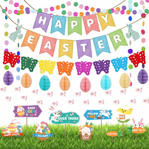 AhfuLife Easter Decorations Set, Happy Easter Bunny Paper Banner, Easter Egg Hunt Signs Clues with Sticks and Bunny Feet, Reusable Bunting for Home Garden Indoor Outdoor Party Game Decorations