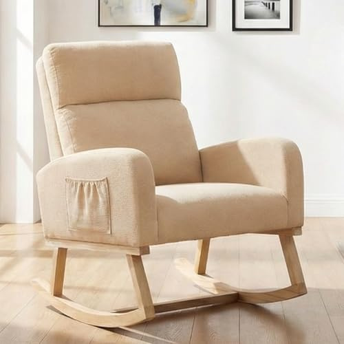 Schaukelstuhl Stillsessel Schaukelsessel, Gepolsterter Stillstuhl mit Holzbeinen & Seitentaschen, Hochlehner Schaukelstuhl zum Stillen für Wohnzimmer, Schlafzimmer und Babyzimmer (Khaki-linen)