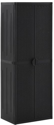 Teenpull Garden Storage Cabinet Black 65x45x172 cm, PP Rattan Look Outdoor Indoor Organizer, Tall Utility Locker with Broom Holder & 4 Shelves for Home Patio