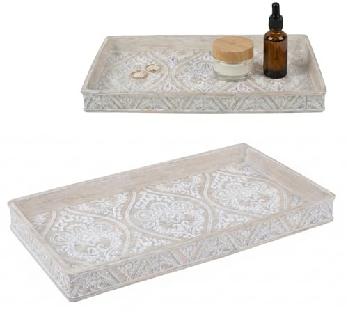 Kook Time Rechteckiges Tablett Serie Damask - Dekorative Ablageschale für Bad, Schlafzimmer, Flur oder Schmuck - Florales Relief - 31 x 15 cm - Creme